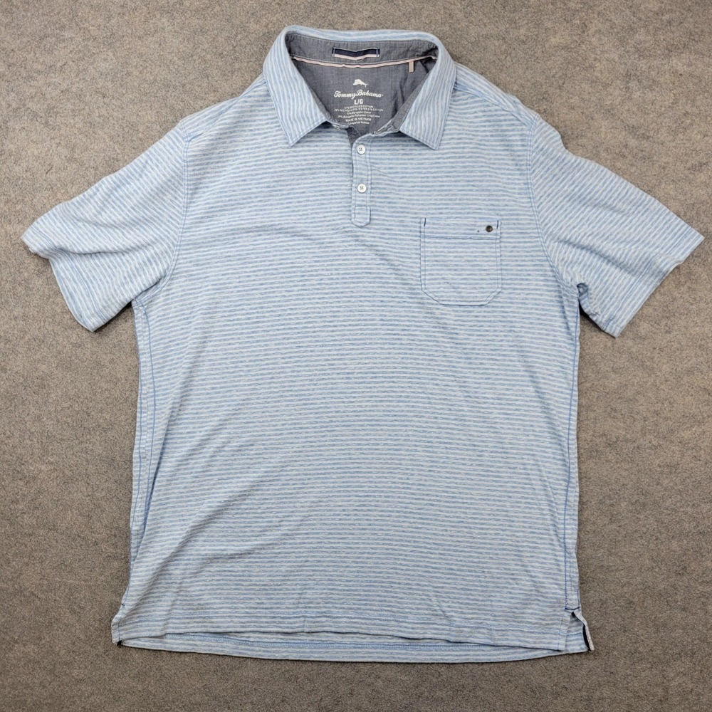Tommy‎ Bahama Polo Shirt Mens Large Blue Stripe Cotton Blend Pocket Top